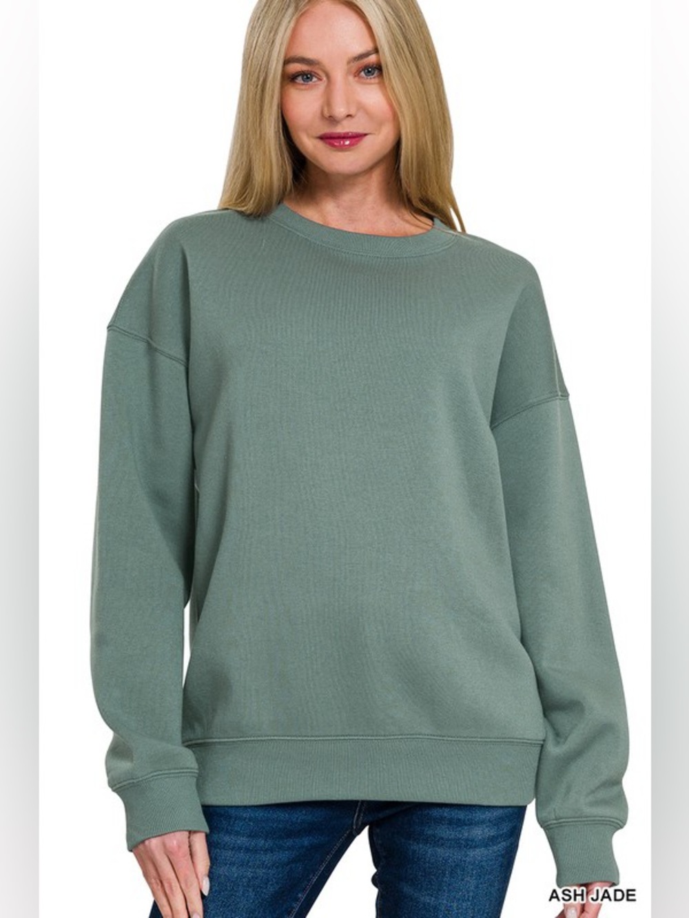 NWT Zenana Ash Jade Fleece Crewneck Long Sleeve Soft Comfy Sweatshirt